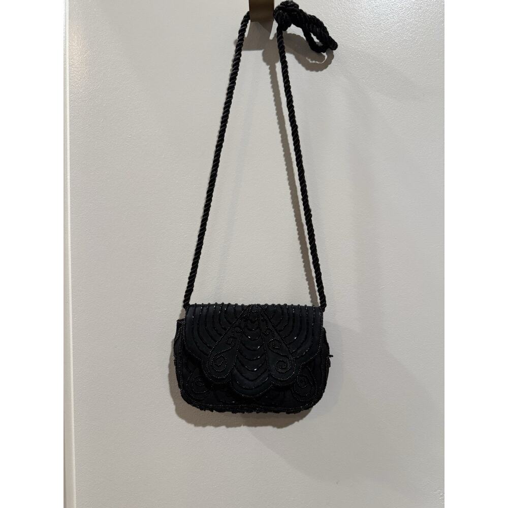 Vintage Silver Blue Black Beaded Evening Purse Art Deco Rope Strap